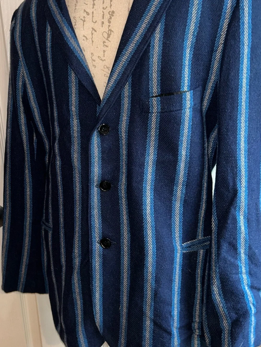 Vintage Men’s Stripe Blazer Navy Blue Wool Blend Made In England Unisex Style